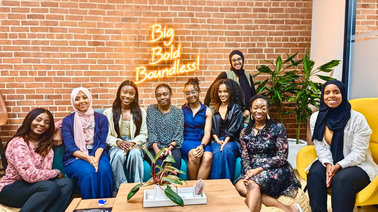 L-R Joy Osiagwu, Shukri Hilowle, Crystal Senjule, Agho Djetore, Ese Djetore, Feruz Dglel Tesfay, Shukria Yusuf Omer, Semirath Fagbemi and Asiya Hiowle